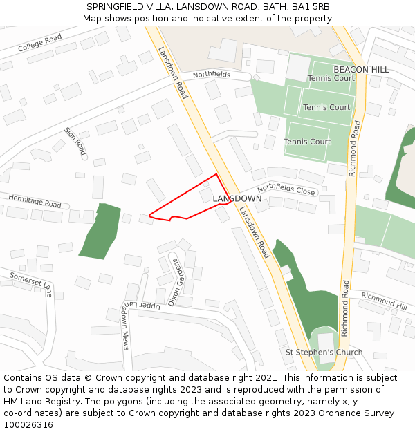 SPRINGFIELD VILLA, LANSDOWN ROAD, BATH, BA1 5RB: Location map and indicative extent of plot