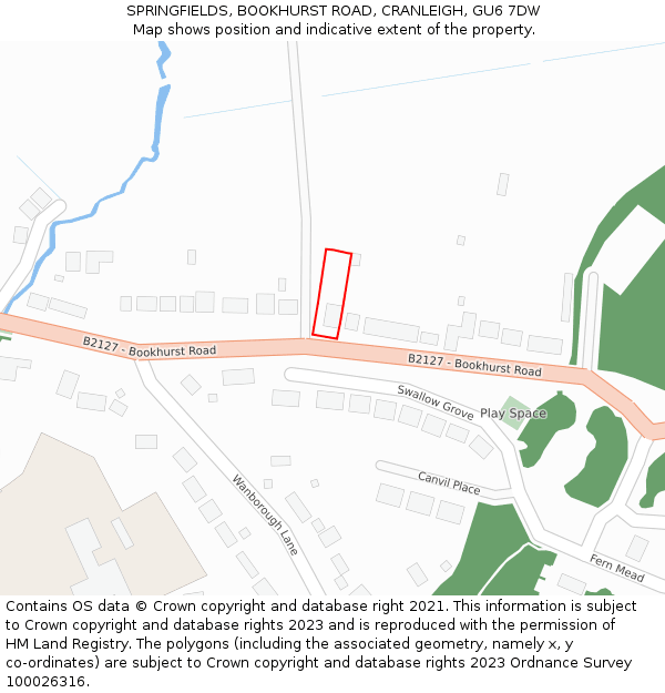 SPRINGFIELDS, BOOKHURST ROAD, CRANLEIGH, GU6 7DW: Location map and indicative extent of plot