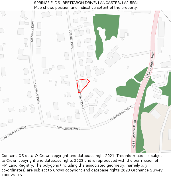 SPRINGFIELDS, BRETTARGH DRIVE, LANCASTER, LA1 5BN: Location map and indicative extent of plot