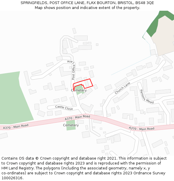 SPRINGFIELDS, POST OFFICE LANE, FLAX BOURTON, BRISTOL, BS48 3QE: Location map and indicative extent of plot