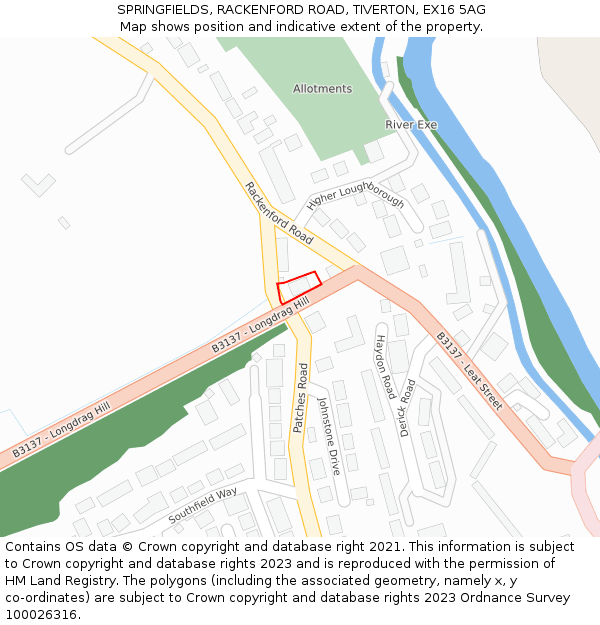 SPRINGFIELDS, RACKENFORD ROAD, TIVERTON, EX16 5AG: Location map and indicative extent of plot