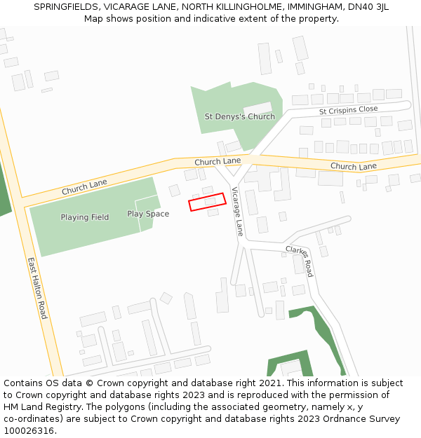 SPRINGFIELDS, VICARAGE LANE, NORTH KILLINGHOLME, IMMINGHAM, DN40 3JL: Location map and indicative extent of plot