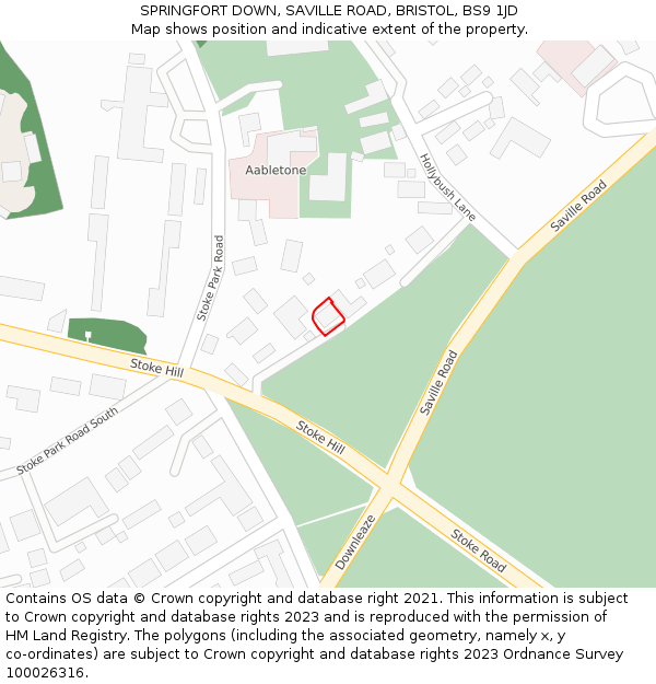 SPRINGFORT DOWN, SAVILLE ROAD, BRISTOL, BS9 1JD: Location map and indicative extent of plot