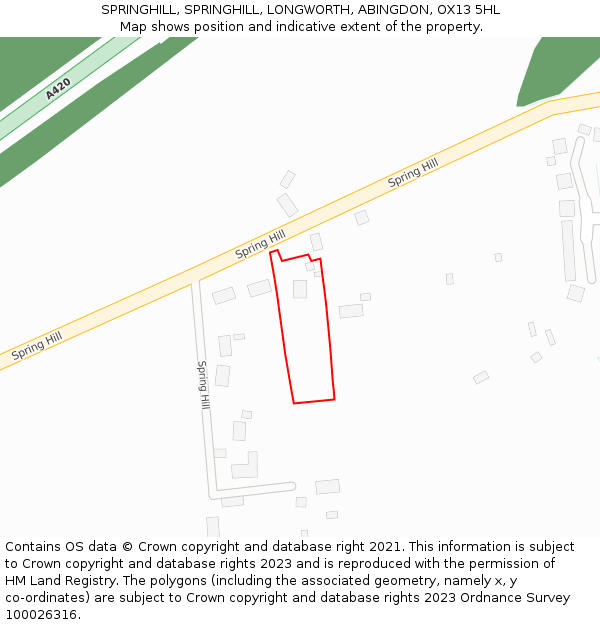 SPRINGHILL, SPRINGHILL, LONGWORTH, ABINGDON, OX13 5HL: Location map and indicative extent of plot