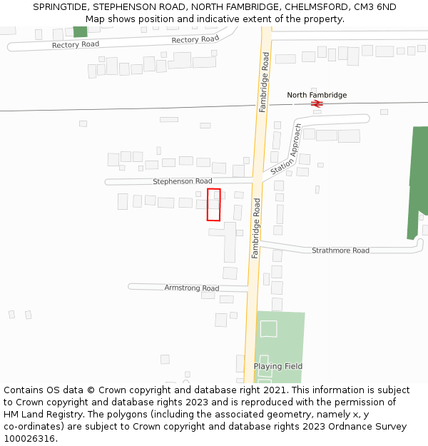 SPRINGTIDE, STEPHENSON ROAD, NORTH FAMBRIDGE, CHELMSFORD, CM3 6ND: Location map and indicative extent of plot