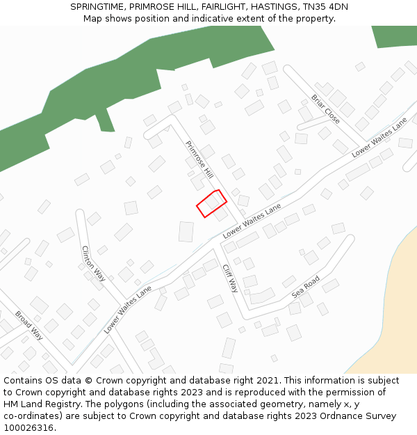 SPRINGTIME, PRIMROSE HILL, FAIRLIGHT, HASTINGS, TN35 4DN: Location map and indicative extent of plot