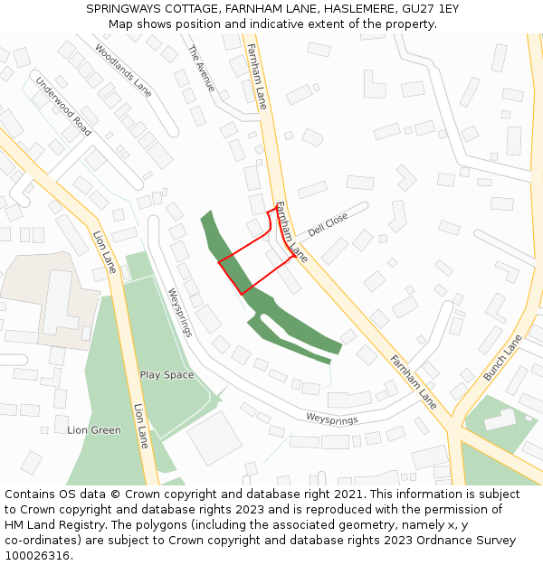 SPRINGWAYS COTTAGE, FARNHAM LANE, HASLEMERE, GU27 1EY: Location map and indicative extent of plot