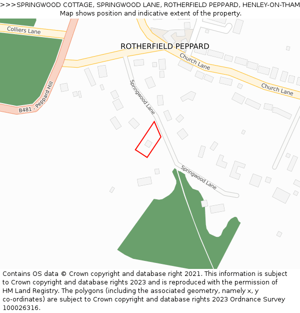 SPRINGWOOD COTTAGE, SPRINGWOOD LANE, ROTHERFIELD PEPPARD, HENLEY-ON-THAMES, RG9 5JJ: Location map and indicative extent of plot