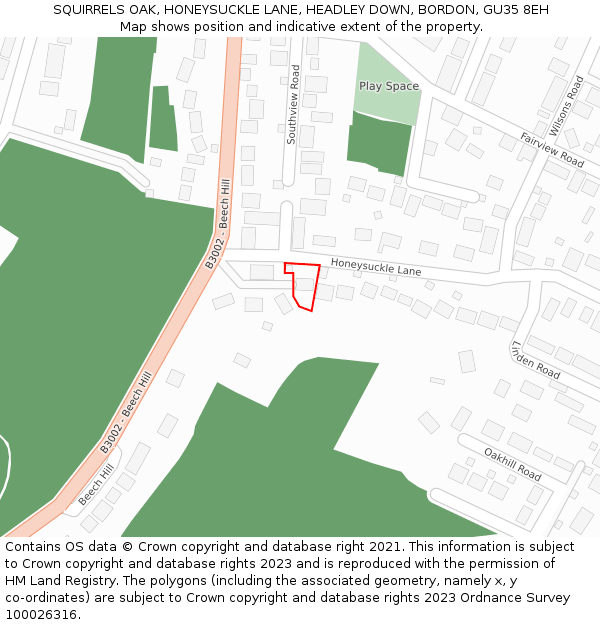 SQUIRRELS OAK, HONEYSUCKLE LANE, HEADLEY DOWN, BORDON, GU35 8EH: Location map and indicative extent of plot