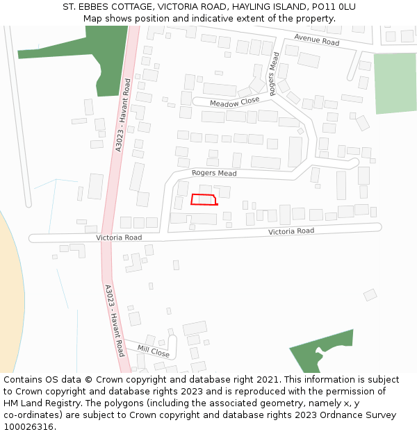 ST. EBBES COTTAGE, VICTORIA ROAD, HAYLING ISLAND, PO11 0LU: Location map and indicative extent of plot