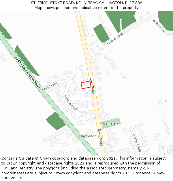 ST. ERME, STOKE ROAD, KELLY BRAY, CALLINGTON, PL17 8RA: Location map and indicative extent of plot