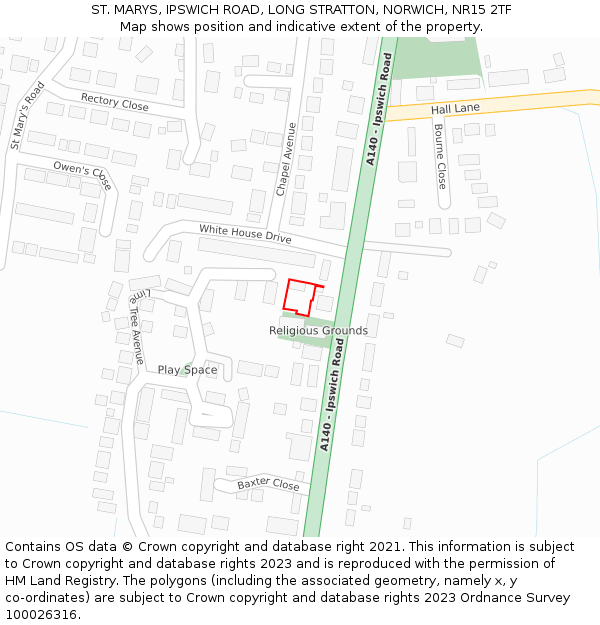 ST. MARYS, IPSWICH ROAD, LONG STRATTON, NORWICH, NR15 2TF: Location map and indicative extent of plot