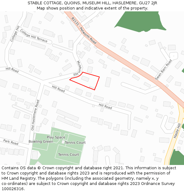 STABLE COTTAGE, QUOINS, MUSEUM HILL, HASLEMERE, GU27 2JR: Location map and indicative extent of plot