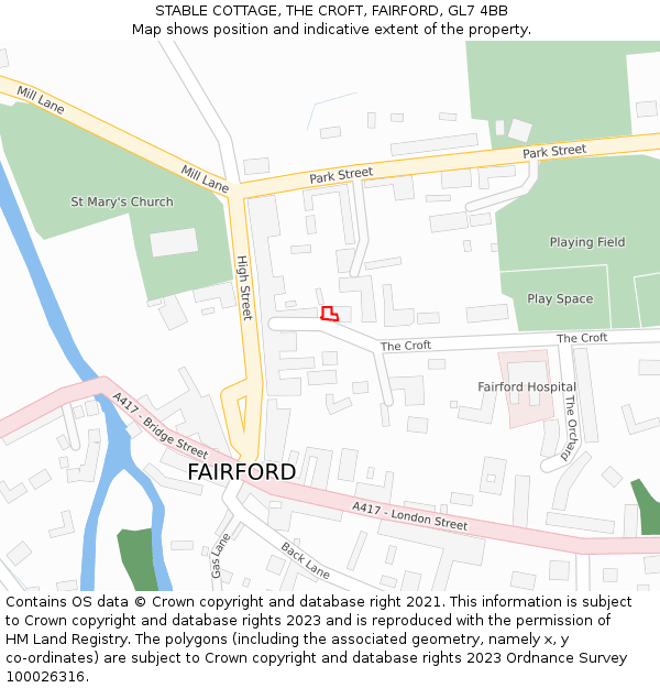 STABLE COTTAGE, THE CROFT, FAIRFORD, GL7 4BB: Location map and indicative extent of plot