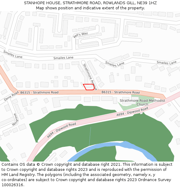 STANHOPE HOUSE, STRATHMORE ROAD, ROWLANDS GILL, NE39 1HZ: Location map and indicative extent of plot