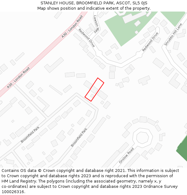 STANLEY HOUSE, BROOMFIELD PARK, ASCOT, SL5 0JS: Location map and indicative extent of plot
