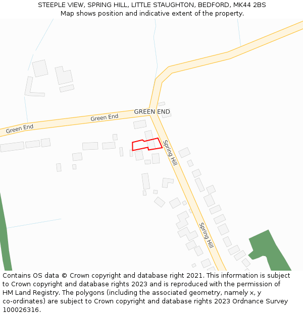 STEEPLE VIEW, SPRING HILL, LITTLE STAUGHTON, BEDFORD, MK44 2BS: Location map and indicative extent of plot