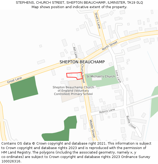 STEPHENS, CHURCH STREET, SHEPTON BEAUCHAMP, ILMINSTER, TA19 0LQ: Location map and indicative extent of plot