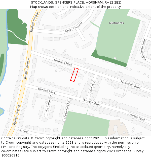STOCKLANDS, SPENCERS PLACE, HORSHAM, RH12 2EZ: Location map and indicative extent of plot