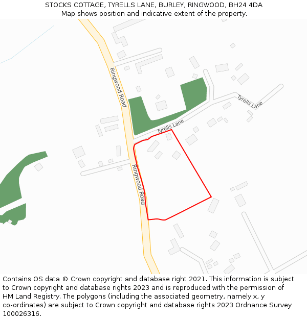 STOCKS COTTAGE, TYRELLS LANE, BURLEY, RINGWOOD, BH24 4DA: Location map and indicative extent of plot