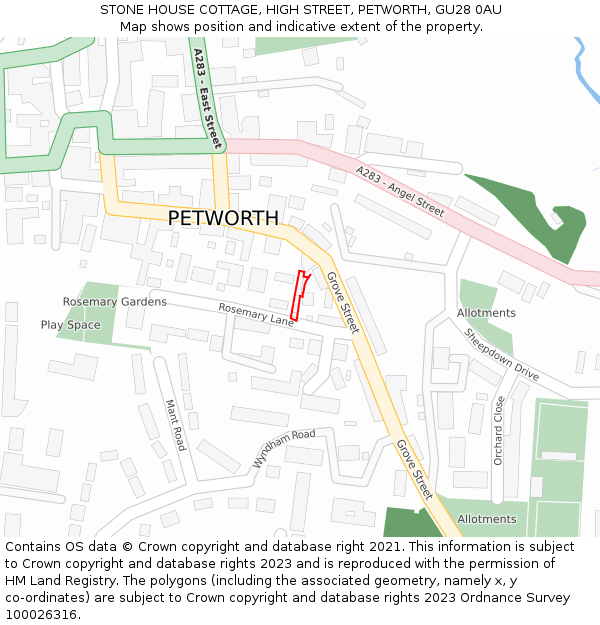 STONE HOUSE COTTAGE, HIGH STREET, PETWORTH, GU28 0AU: Location map and indicative extent of plot