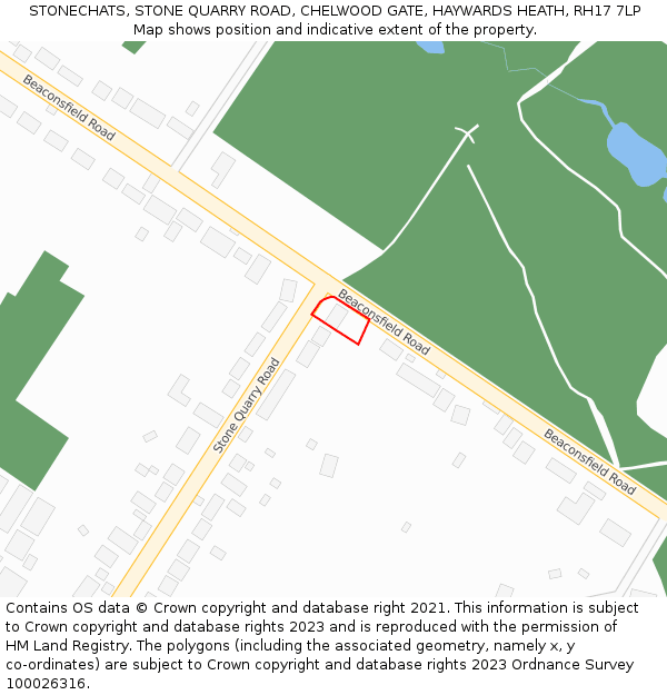 STONECHATS, STONE QUARRY ROAD, CHELWOOD GATE, HAYWARDS HEATH, RH17 7LP: Location map and indicative extent of plot