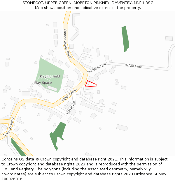 STONECOT, UPPER GREEN, MORETON PINKNEY, DAVENTRY, NN11 3SG: Location map and indicative extent of plot
