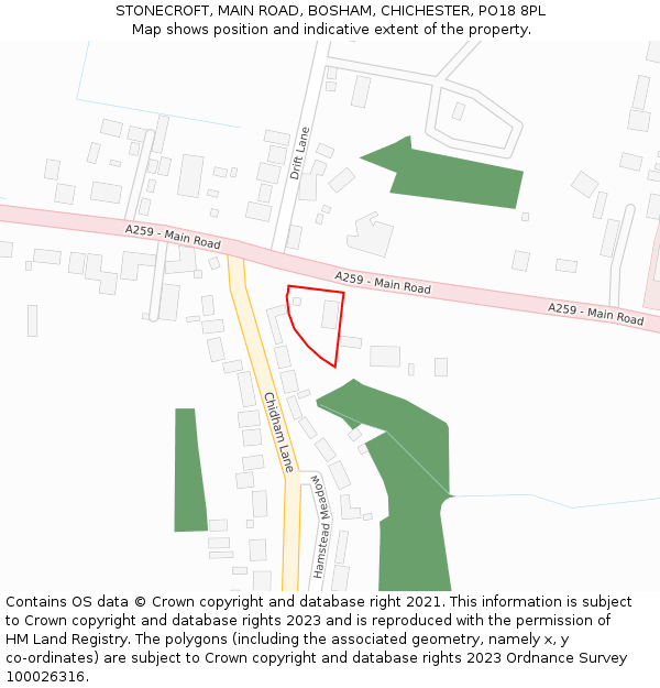 STONECROFT, MAIN ROAD, BOSHAM, CHICHESTER, PO18 8PL: Location map and indicative extent of plot