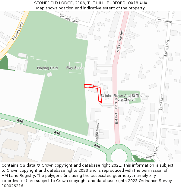 STONEFIELD LODGE, 210A, THE HILL, BURFORD, OX18 4HX: Location map and indicative extent of plot