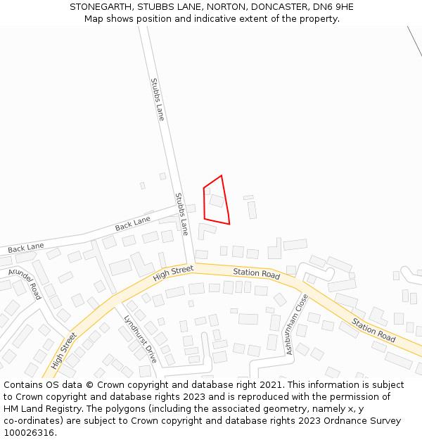 STONEGARTH, STUBBS LANE, NORTON, DONCASTER, DN6 9HE: Location map and indicative extent of plot