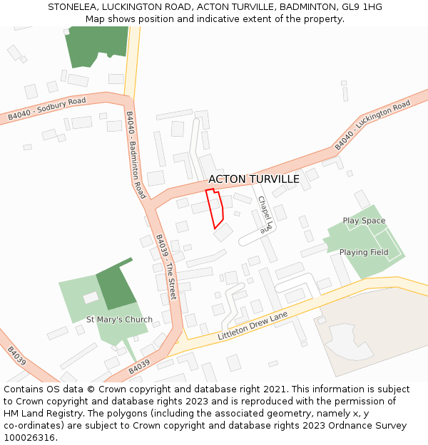 STONELEA, LUCKINGTON ROAD, ACTON TURVILLE, BADMINTON, GL9 1HG: Location map and indicative extent of plot