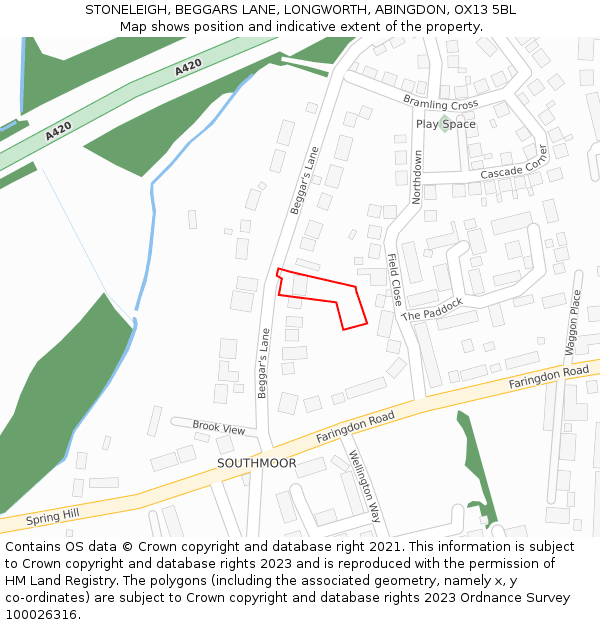 STONELEIGH, BEGGARS LANE, LONGWORTH, ABINGDON, OX13 5BL: Location map and indicative extent of plot