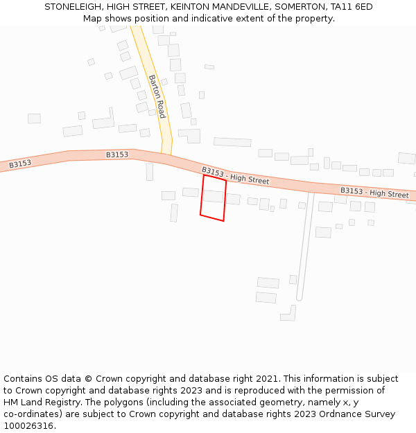 STONELEIGH, HIGH STREET, KEINTON MANDEVILLE, SOMERTON, TA11 6ED: Location map and indicative extent of plot
