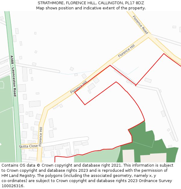 STRATHMORE, FLORENCE HILL, CALLINGTON, PL17 8DZ: Location map and indicative extent of plot