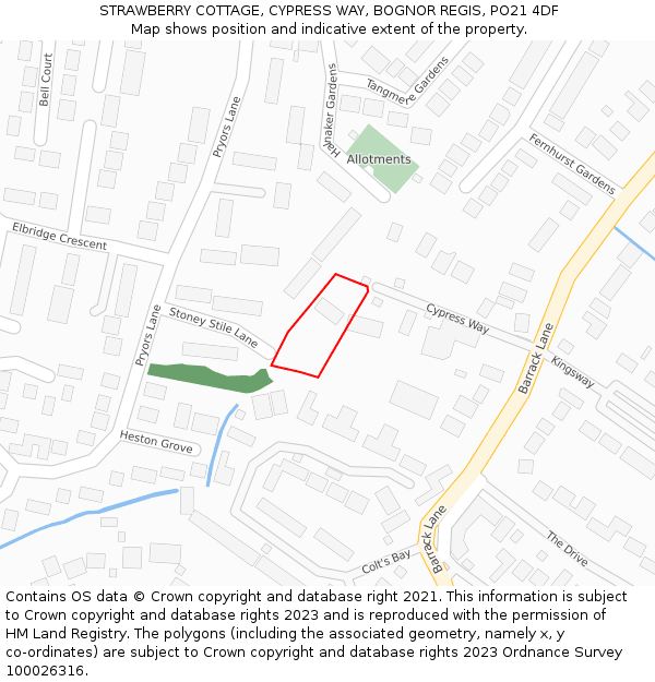 STRAWBERRY COTTAGE, CYPRESS WAY, BOGNOR REGIS, PO21 4DF: Location map and indicative extent of plot