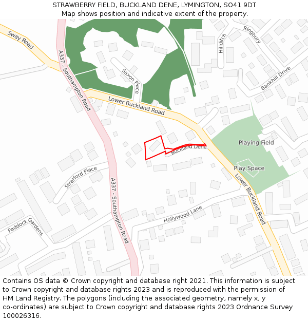 STRAWBERRY FIELD, BUCKLAND DENE, LYMINGTON, SO41 9DT: Location map and indicative extent of plot