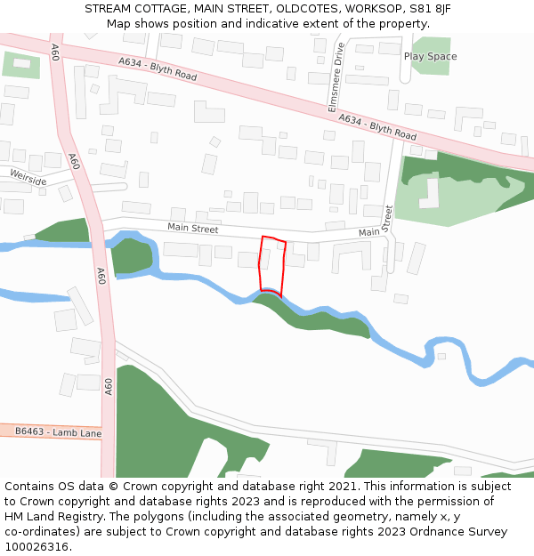 STREAM COTTAGE, MAIN STREET, OLDCOTES, WORKSOP, S81 8JF: Location map and indicative extent of plot