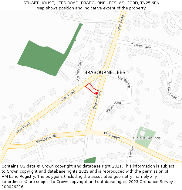 STUART HOUSE, LEES ROAD, BRABOURNE LEES, ASHFORD, TN25 6RN: Location map and indicative extent of plot