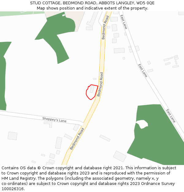 STUD COTTAGE, BEDMOND ROAD, ABBOTS LANGLEY, WD5 0QE: Location map and indicative extent of plot