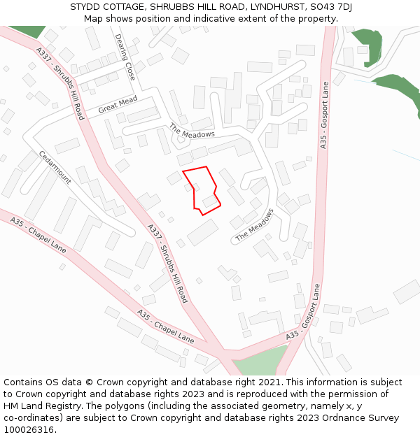 STYDD COTTAGE, SHRUBBS HILL ROAD, LYNDHURST, SO43 7DJ: Location map and indicative extent of plot