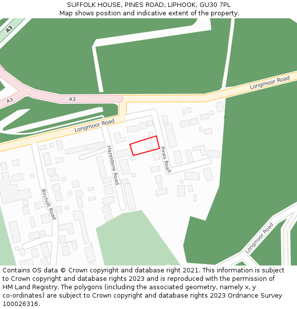 SUFFOLK HOUSE, PINES ROAD, LIPHOOK, GU30 7PL: Location map and indicative extent of plot