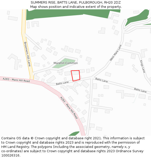 SUMMERS RISE, BATTS LANE, PULBOROUGH, RH20 2DZ: Location map and indicative extent of plot