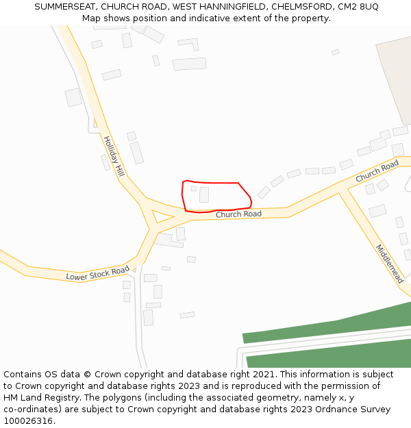 SUMMERSEAT, CHURCH ROAD, WEST HANNINGFIELD, CHELMSFORD, CM2 8UQ: Location map and indicative extent of plot