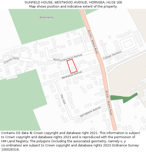 SUNFIELD HOUSE, WESTWOOD AVENUE, HORNSEA, HU18 1EE: Location map and indicative extent of plot