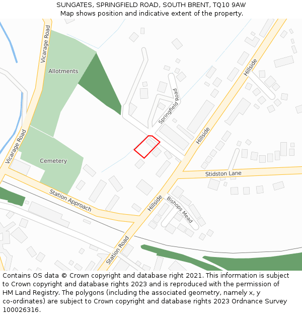 SUNGATES, SPRINGFIELD ROAD, SOUTH BRENT, TQ10 9AW: Location map and indicative extent of plot