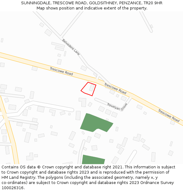 SUNNINGDALE, TRESCOWE ROAD, GOLDSITHNEY, PENZANCE, TR20 9HR: Location map and indicative extent of plot