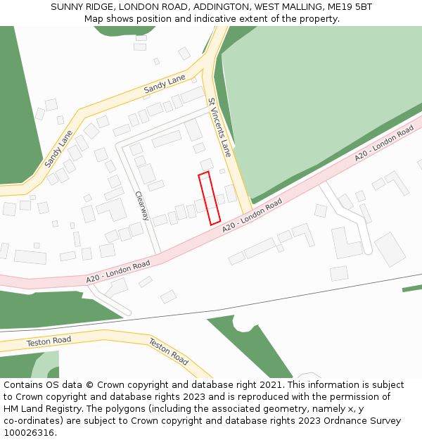 SUNNY RIDGE, LONDON ROAD, ADDINGTON, WEST MALLING, ME19 5BT: Location map and indicative extent of plot