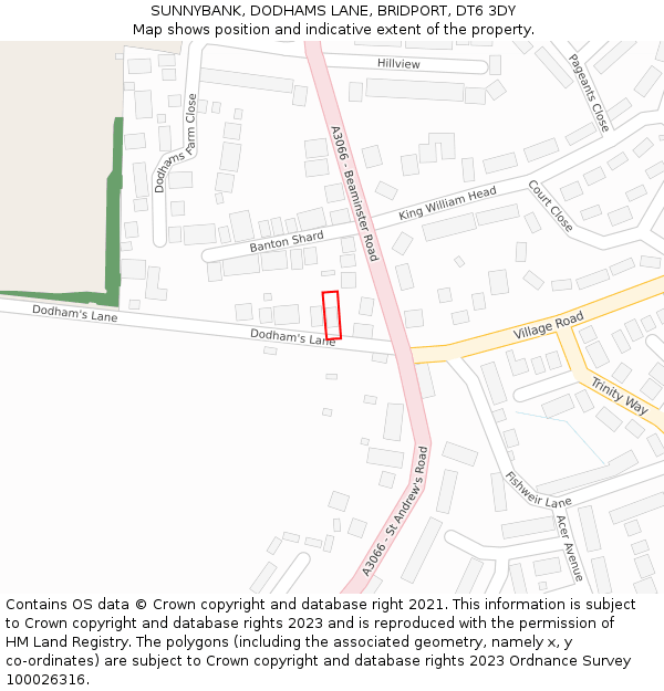 SUNNYBANK, DODHAMS LANE, BRIDPORT, DT6 3DY: Location map and indicative extent of plot
