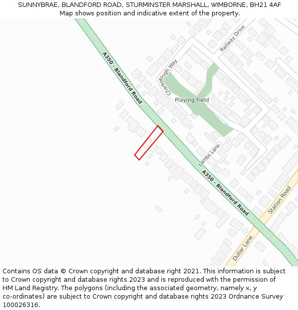 SUNNYBRAE, BLANDFORD ROAD, STURMINSTER MARSHALL, WIMBORNE, BH21 4AF: Location map and indicative extent of plot