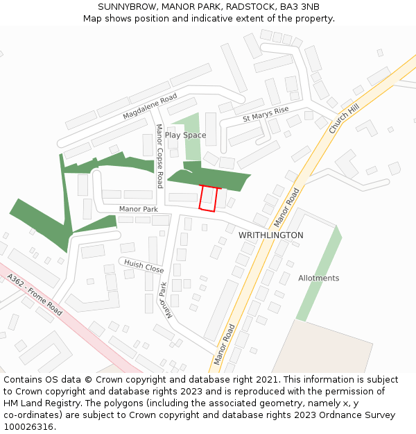 SUNNYBROW, MANOR PARK, RADSTOCK, BA3 3NB: Location map and indicative extent of plot